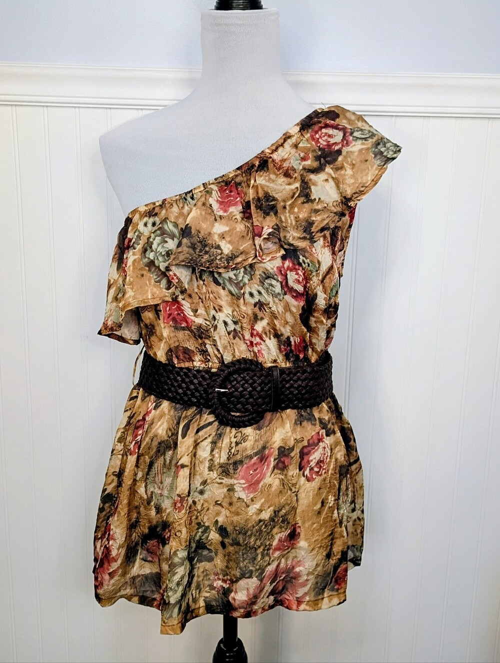 Arden B Y2K One Shoulder Flowy Floral Ruffled Belted Top Blouse Size Large NWT